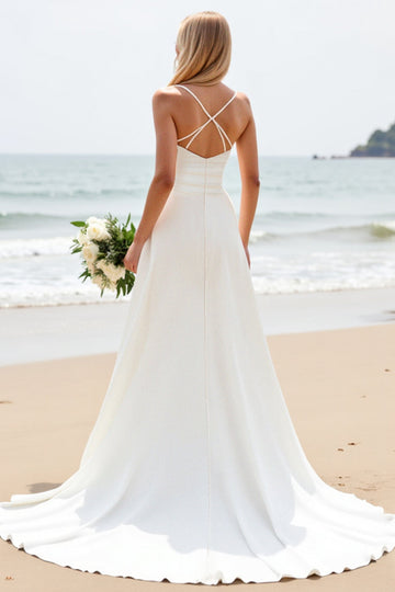 Simple White A-Line Spaghetti Straps Satin Long Bridal Dress